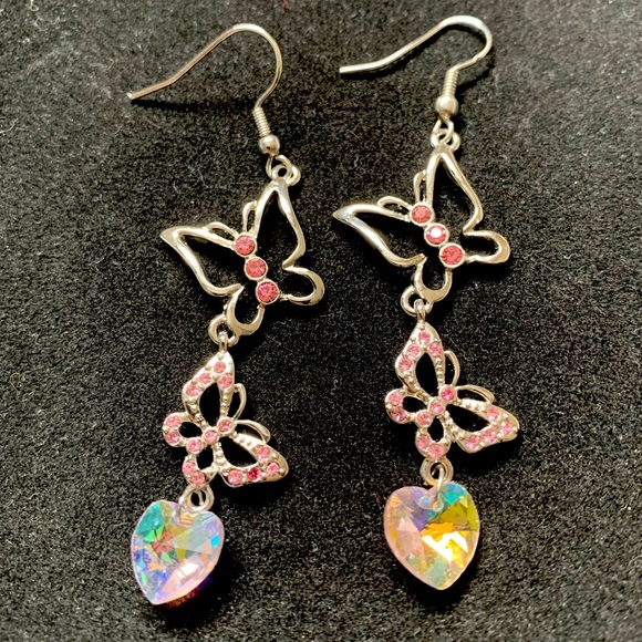 Butterfly Earrings with Pink Rhinestones - Picture 1 of 4